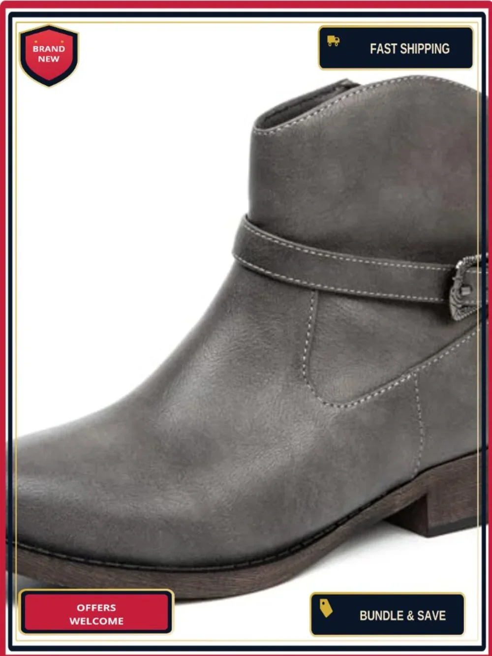 Womens Western Ankle Boots Low Chunky Heel Faux Leather Side Zipper